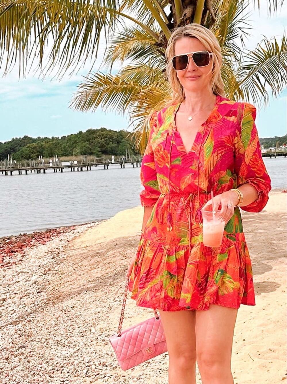 FARM RIO Pink Orange Floral Cotton A-Line Tie Waist Ombre Forest Mini Dress S